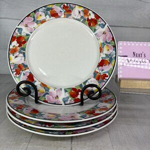 China Pearl DAISY Red Pink Blue Yellow Floral Rim Fine China Dinner Plates Set 4